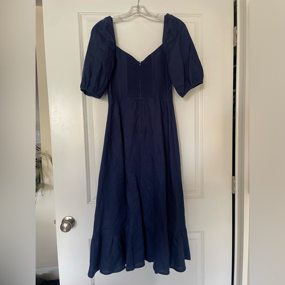 Reformation Belgium Linen Midi Dress in Danube Navy Puff Sleeve Fit Flare Size 4 - Picture 6 of 10